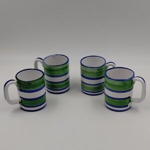 Italy Mugs Blue White Green Striped Mugs Set of 4